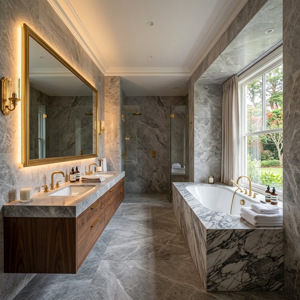 Luxury bathroom with gray marble wall tiles and bathtub