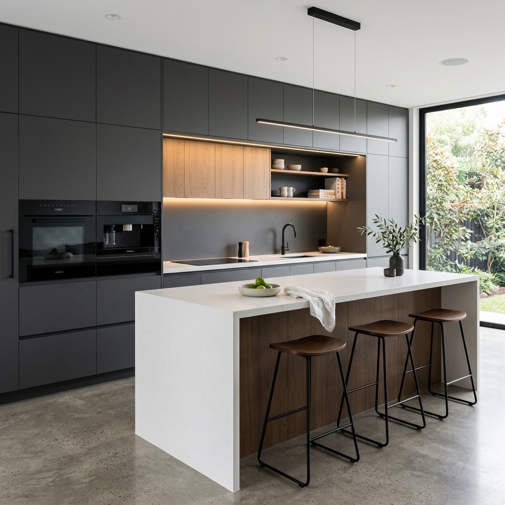 Minimalist kitchen with dark gray wood and white countertop