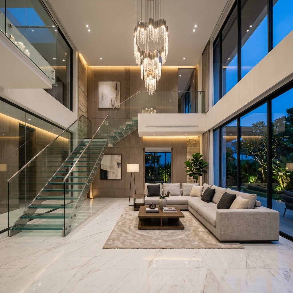 Modern double-height living room with chandelier
