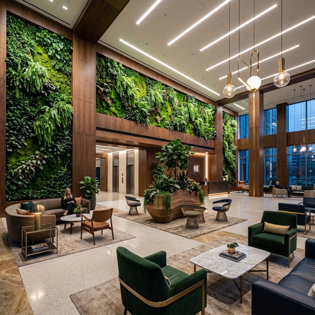 Commercial lounge with vertical green walls