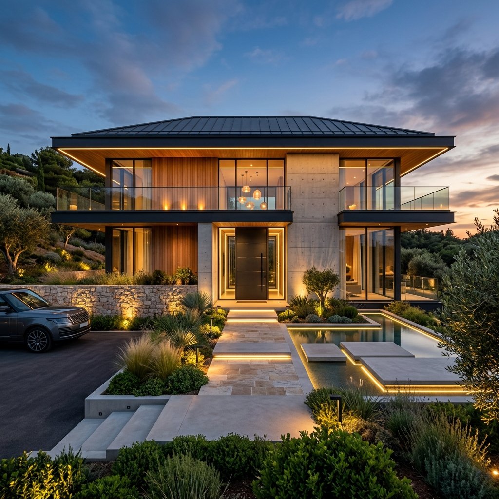 Modern villa front elevation with warm LED lighting